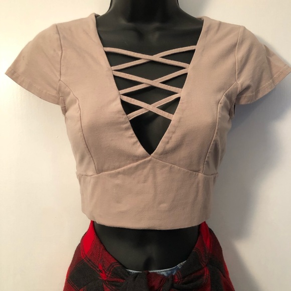 Tops - Ladies deep V lace up crop top